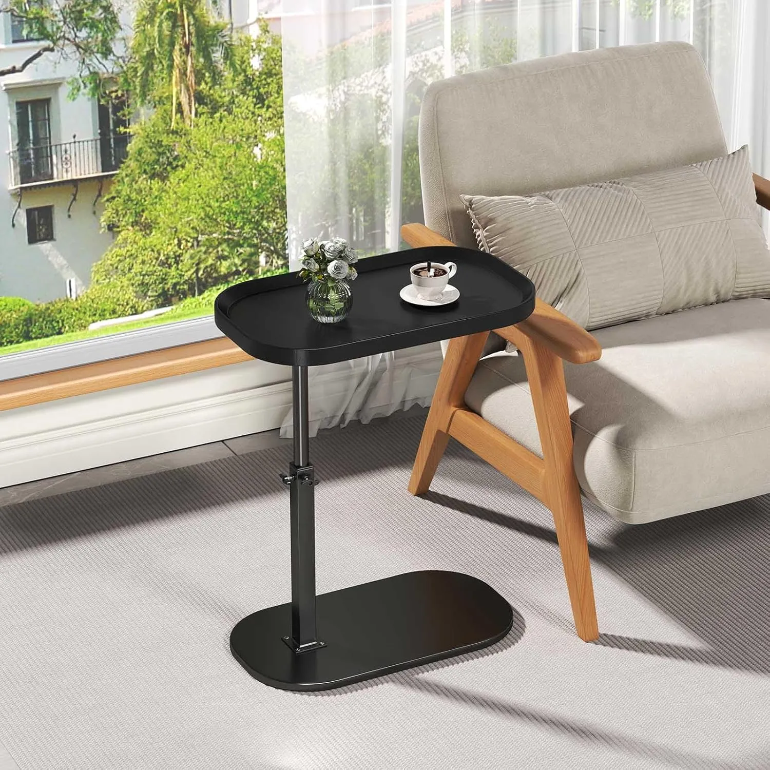C Shaped End Table Adjustable Height,360° Swivel Tv Tray,Living Room Side Table for Couch, Small Space Bed Side Table,Couch Tables That Slide Under for Sofa Bed Chair,Black