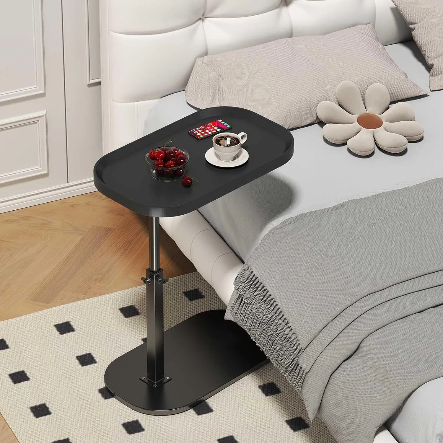 C Shaped End Table Adjustable Height,360° Swivel Tv Tray,Living Room Side Table for Couch, Small Space Bed Side Table,Couch Tables That Slide Under for Sofa Bed Chair,Black