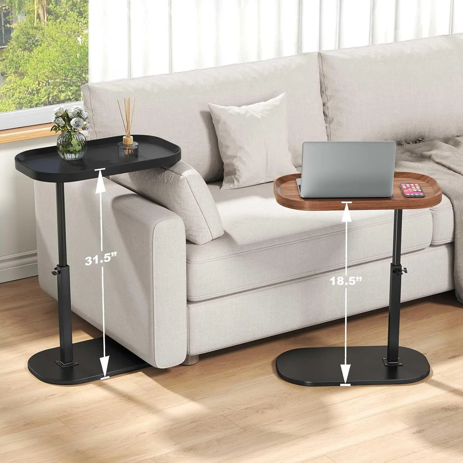 C Shaped End Table Adjustable Height,360° Swivel Tv Tray,Living Room Side Table for Couch, Small Space Bed Side Table,Couch Tables That Slide Under for Sofa Bed Chair,Black