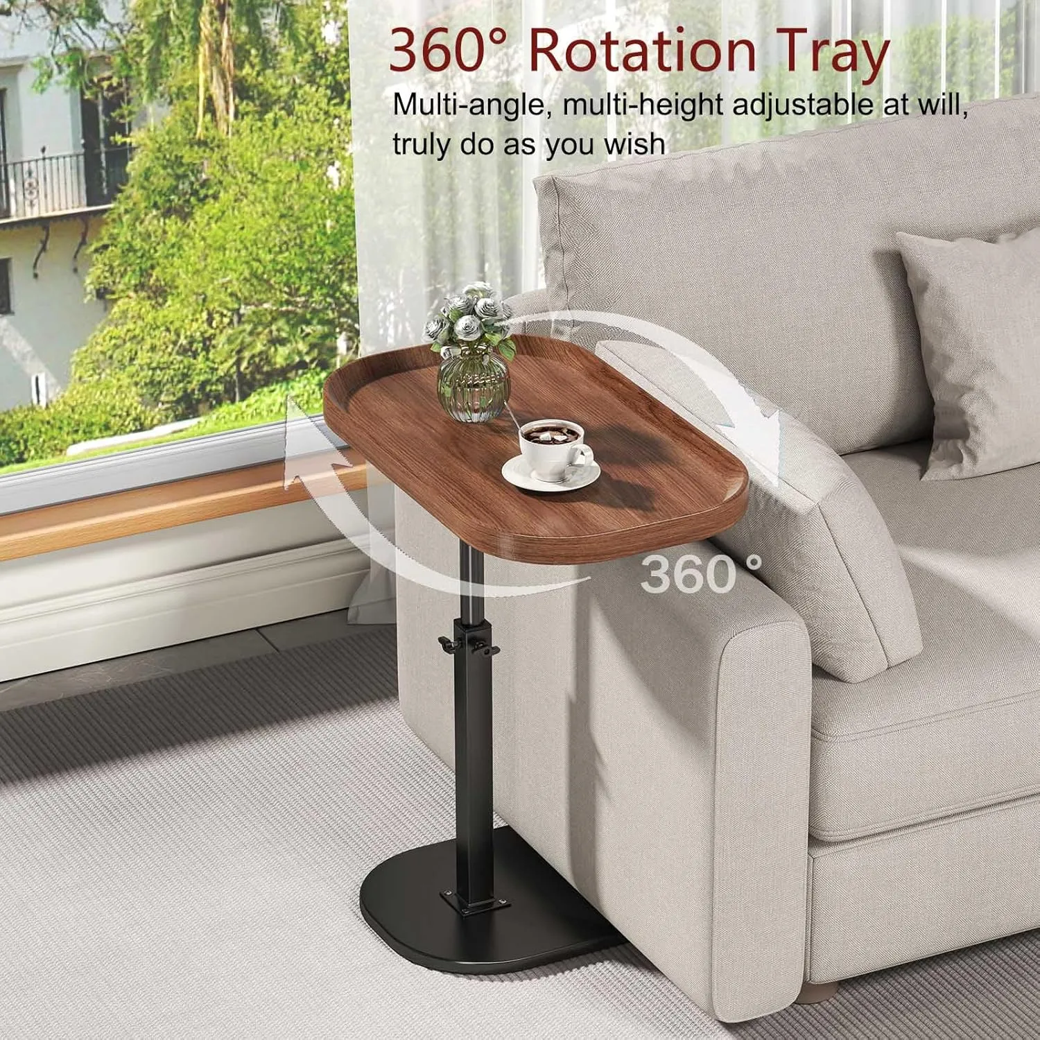 C Shaped End Table Adjustable Height,360° Swivel Tv Tray,Living Room Side Table for Couch, Small Space Bed Side Table,Couch Tables That Slide Under for Sofa Bed Chair,Black