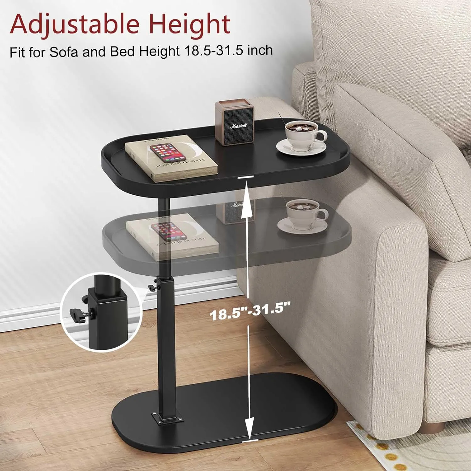 C Shaped End Table Adjustable Height,360° Swivel Tv Tray,Living Room Side Table for Couch, Small Space Bed Side Table,Couch Tables That Slide Under for Sofa Bed Chair,Black