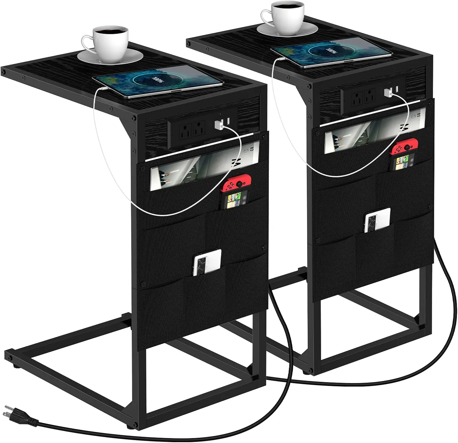 C Shaped End Table with Charging Station, Small Couch Table Set of 2, Sofa Table with Metal Frame, TV Tray Table, Slide Under Sofa Tray Desk with Storage Bags for Living Room and Bedroom, Black