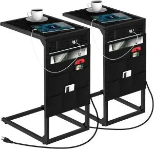 C Shaped End Table with Charging Station, Small Couch Table Set of 2, Sofa Table with Metal Frame, TV Tray Table, Slide Under Sofa Tray Desk with Storage Bags for Living Room and Bedroom, Black