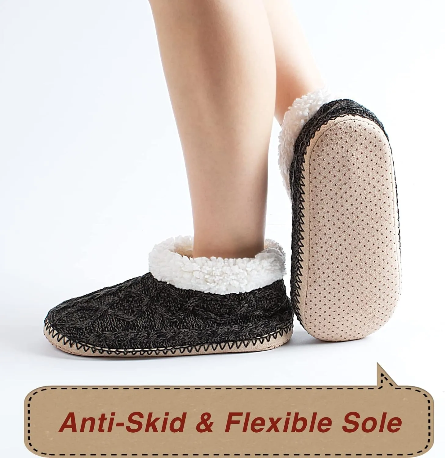 Cable Knit House Slippers for Women Indoor, Sherpa Fleece Lined Soft Loafer Shoes, Winter Warm Fluffy Bedroom Fuzzy Socks Non-slip Grippers, Cozy Gifts Unique