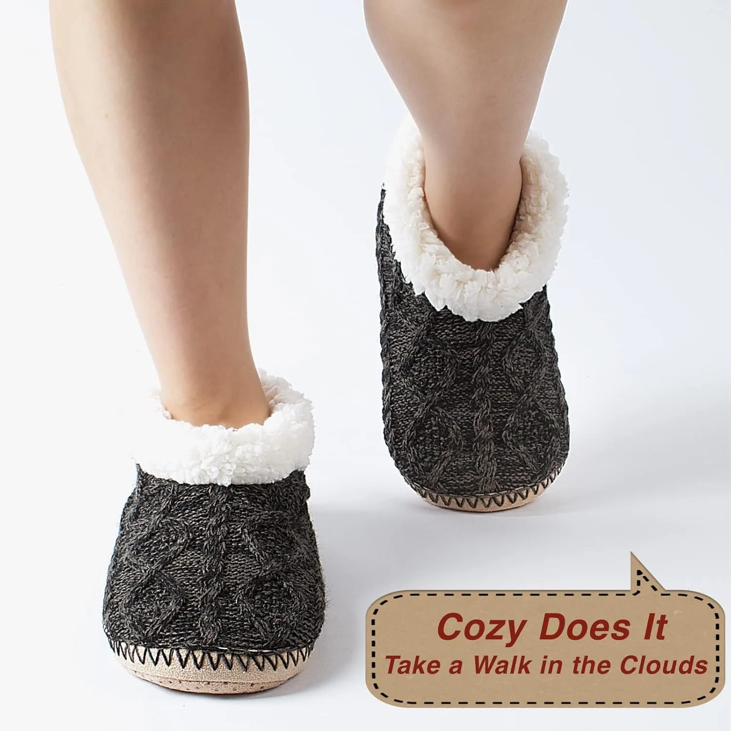 Cable Knit House Slippers for Women Indoor, Sherpa Fleece Lined Soft Loafer Shoes, Winter Warm Fluffy Bedroom Fuzzy Socks Non-slip Grippers, Cozy Gifts Unique