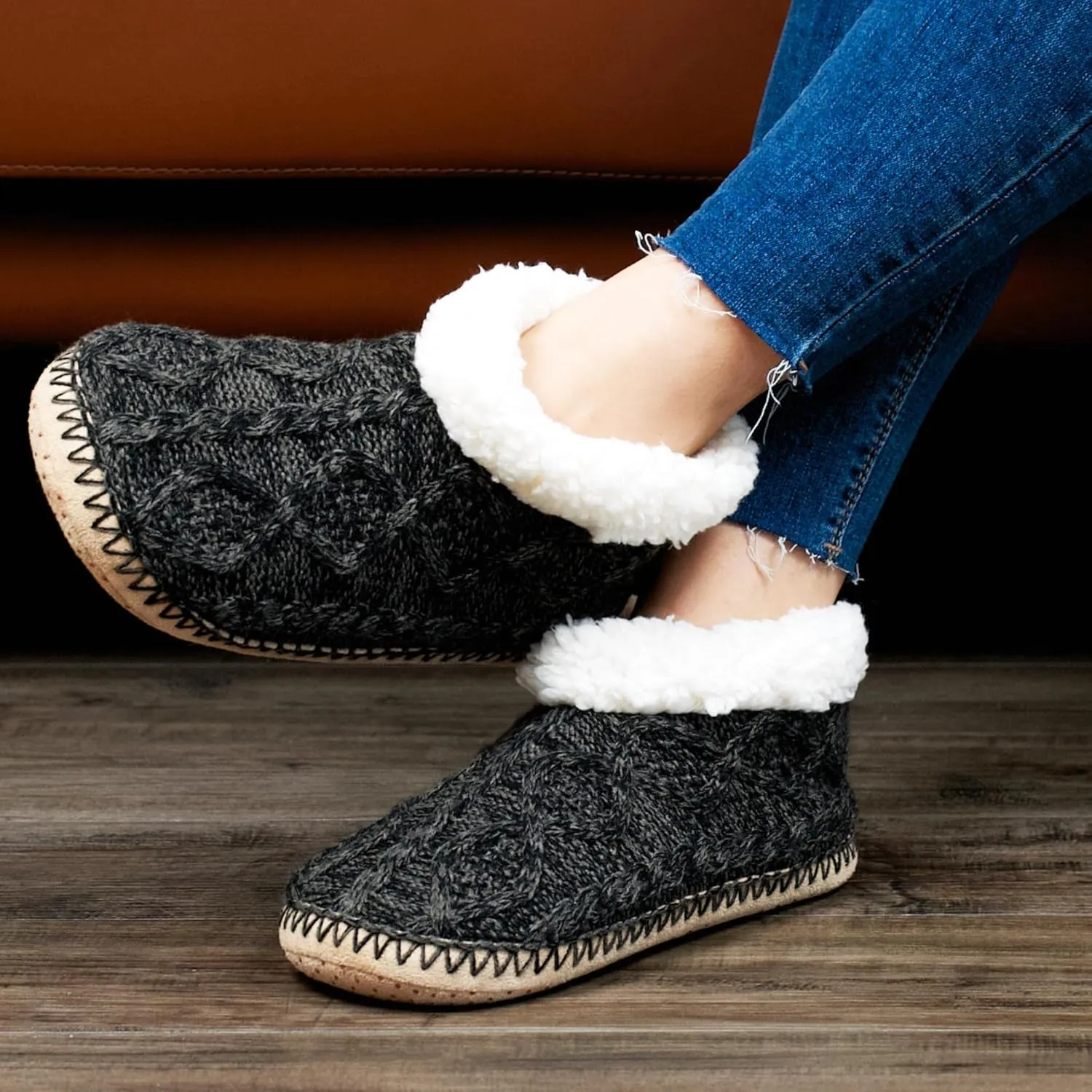 Cable Knit House Slippers for Women Indoor, Sherpa Fleece Lined Soft Loafer Shoes, Winter Warm Fluffy Bedroom Fuzzy Socks Non-slip Grippers, Cozy Gifts Unique