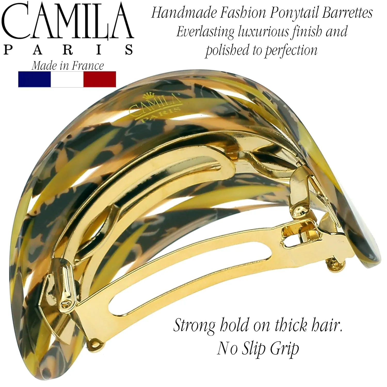 Camila Paris CP3173 French Hair Barrette, Hair Ponytail Holder for Fine Long Hair, Handmade Mustard, Strong Hold Grip Hair Clips for Women, No Slip Styling Girls Hair Accessories, Made in France