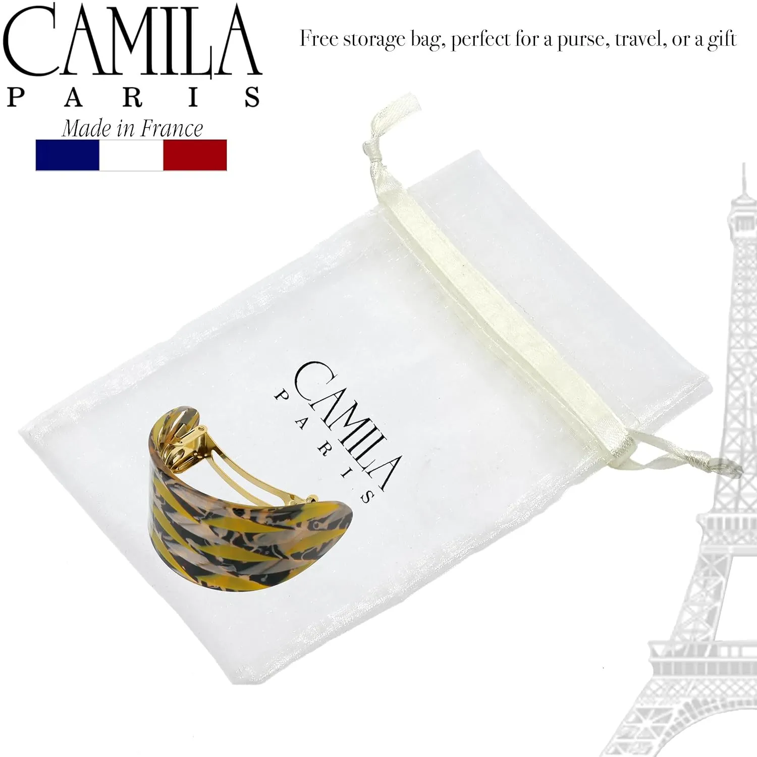 Camila Paris CP3173 French Hair Barrette, Hair Ponytail Holder for Fine Long Hair, Handmade Mustard, Strong Hold Grip Hair Clips for Women, No Slip Styling Girls Hair Accessories, Made in France