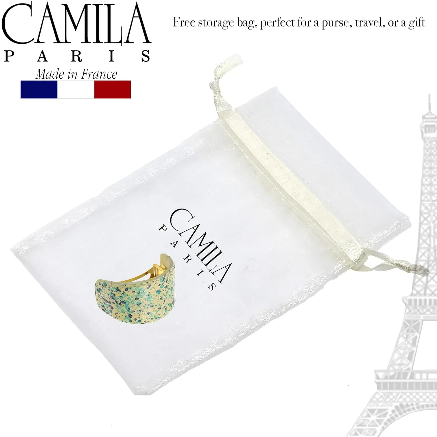 Camila Paris CP3215 French Hair Barrette, Hair Ponytail Holder for Fine Long Hair, Green and White, Strong Hold Grip Hair Clips for Women, No Slip Styling Girls Hair Accessories, Made in France