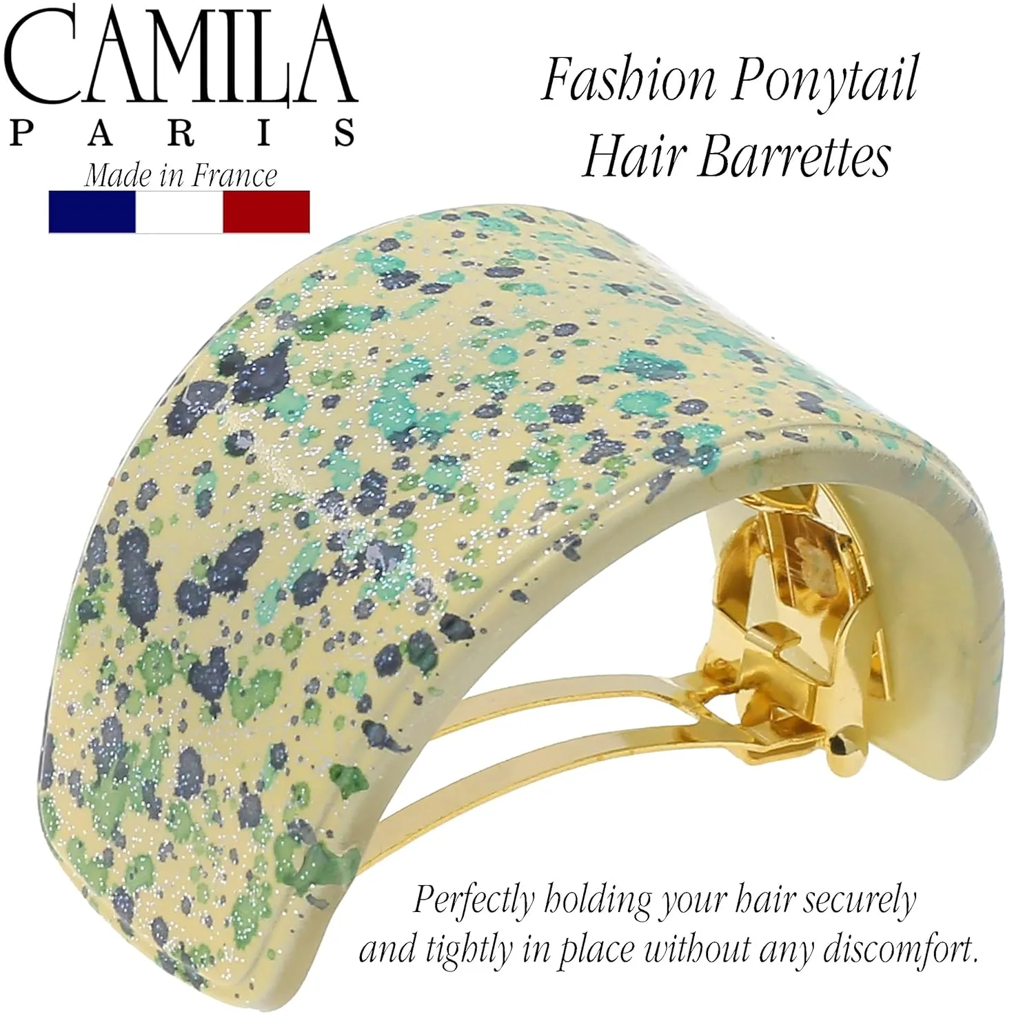 Camila Paris CP3215 French Hair Barrette, Hair Ponytail Holder for Fine Long Hair, Green and White, Strong Hold Grip Hair Clips for Women, No Slip Styling Girls Hair Accessories, Made in France
