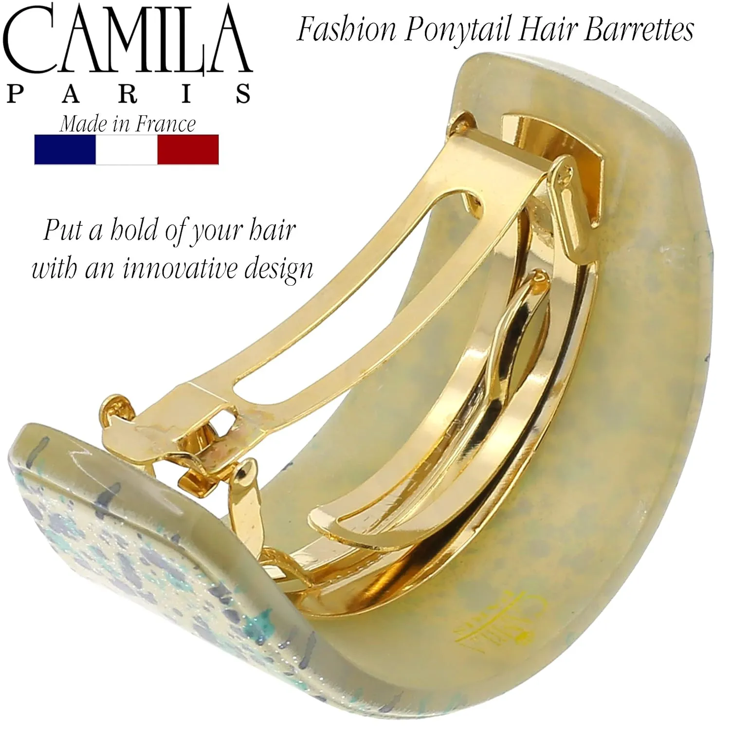 Camila Paris CP3215 French Hair Barrette, Hair Ponytail Holder for Fine Long Hair, Green and White, Strong Hold Grip Hair Clips for Women, No Slip Styling Girls Hair Accessories, Made in France