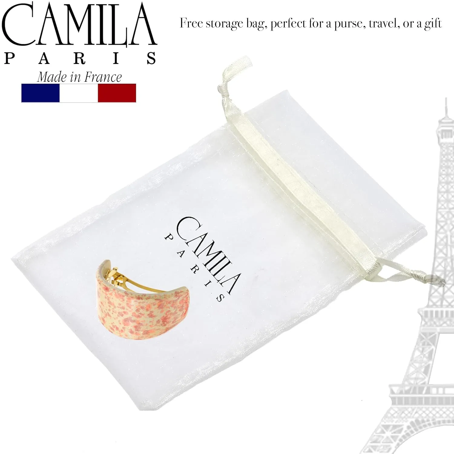 Camila Paris CP3234 French Hair Barrette, Hair Ponytail Holder for Fine Long Hair, Beige Automatic Strong Hold Grip Hair Clips for Women, No Slip Styling Girls Hair Accessories, Made in France
