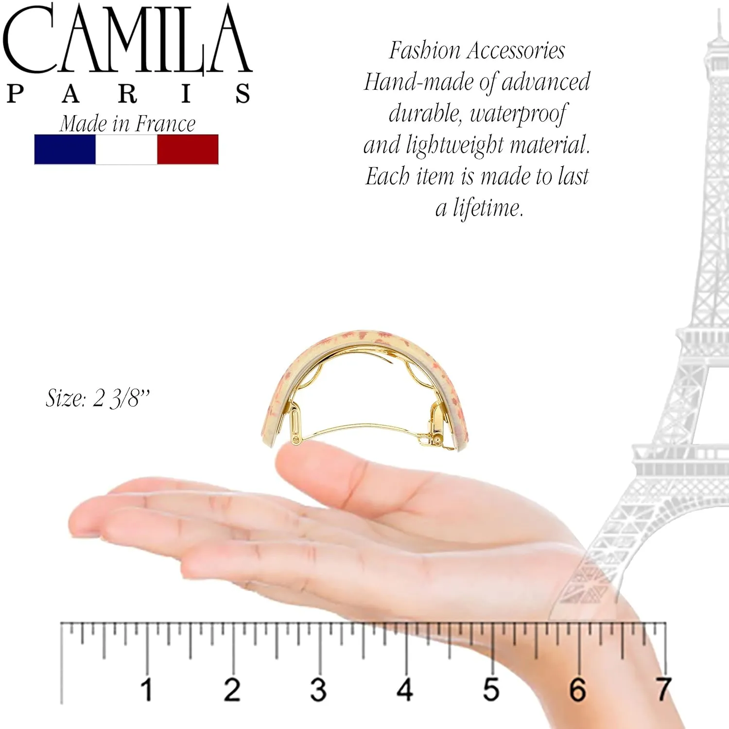 Camila Paris CP3234 French Hair Barrette, Hair Ponytail Holder for Fine Long Hair, Beige Automatic Strong Hold Grip Hair Clips for Women, No Slip Styling Girls Hair Accessories, Made in France