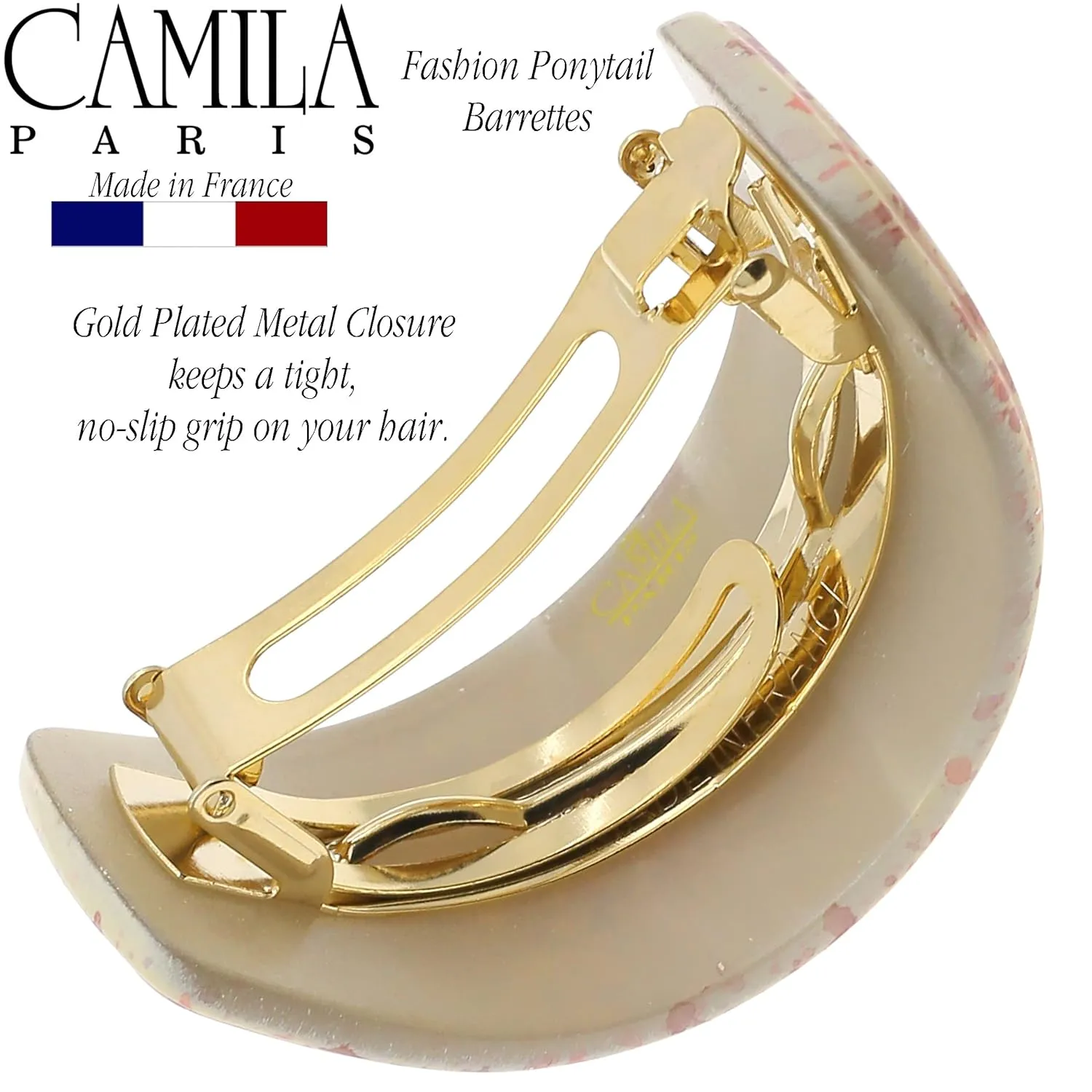 Camila Paris CP3234 French Hair Barrette, Hair Ponytail Holder for Fine Long Hair, Beige Automatic Strong Hold Grip Hair Clips for Women, No Slip Styling Girls Hair Accessories, Made in France