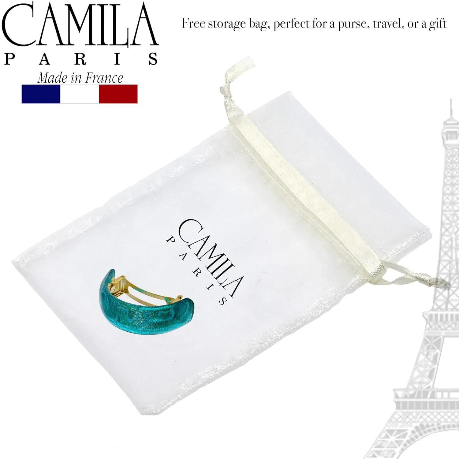 Camila Paris CP3300 French Hair Barrette, Hair Ponytail Holder for Fine Long Hair, Turquoise, Strong Hold Grip Hair Clips for Women, No Slip Styling Girls Hair Accessories, Made in France