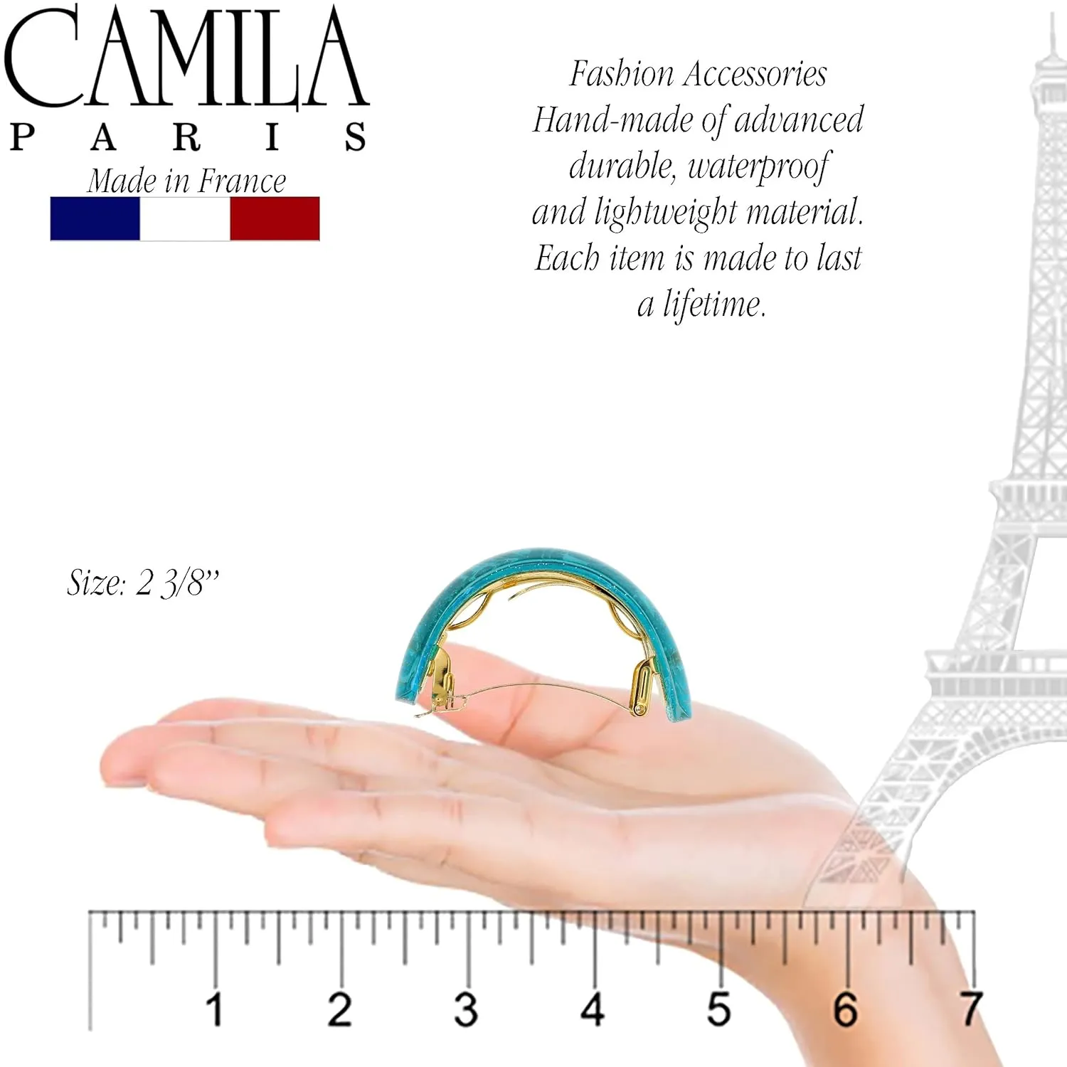 Camila Paris CP3300 French Hair Barrette, Hair Ponytail Holder for Fine Long Hair, Turquoise, Strong Hold Grip Hair Clips for Women, No Slip Styling Girls Hair Accessories, Made in France