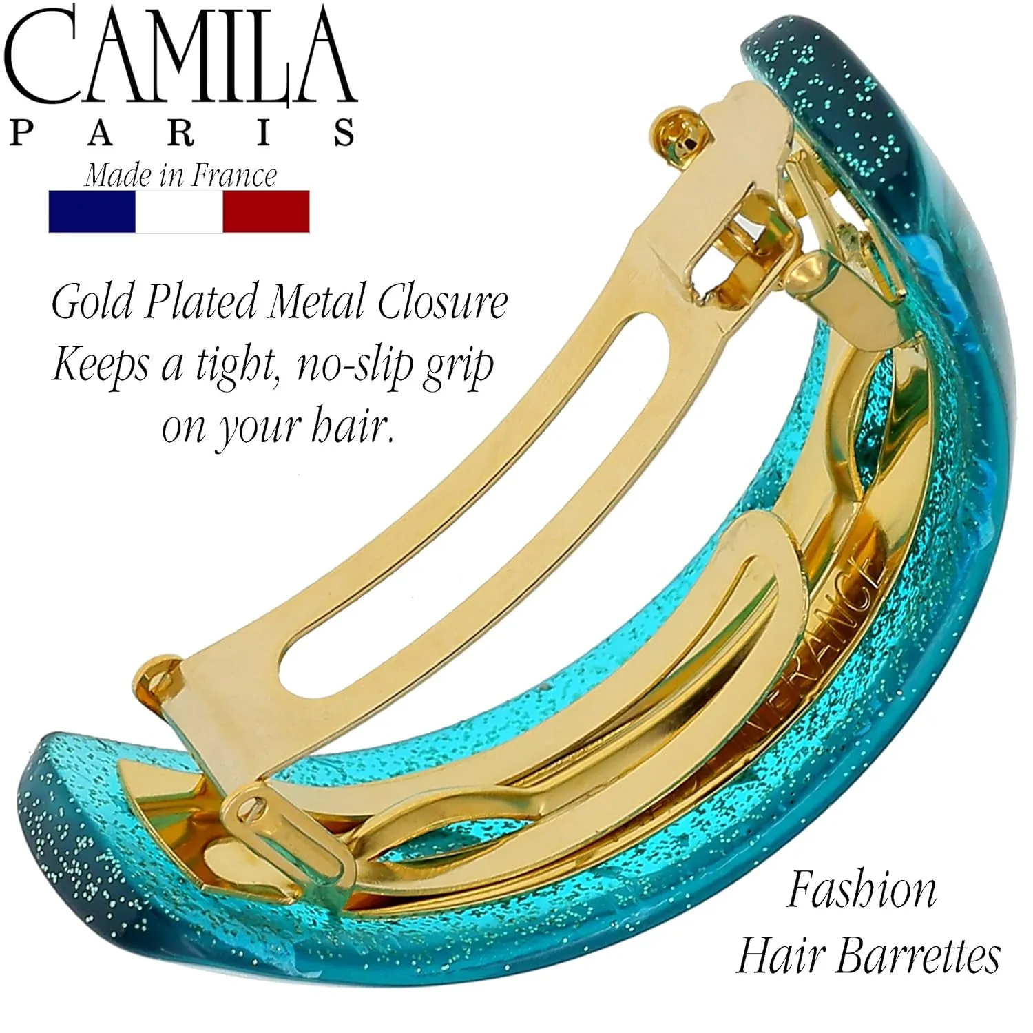Camila Paris CP3300 French Hair Barrette, Hair Ponytail Holder for Fine Long Hair, Turquoise, Strong Hold Grip Hair Clips for Women, No Slip Styling Girls Hair Accessories, Made in France