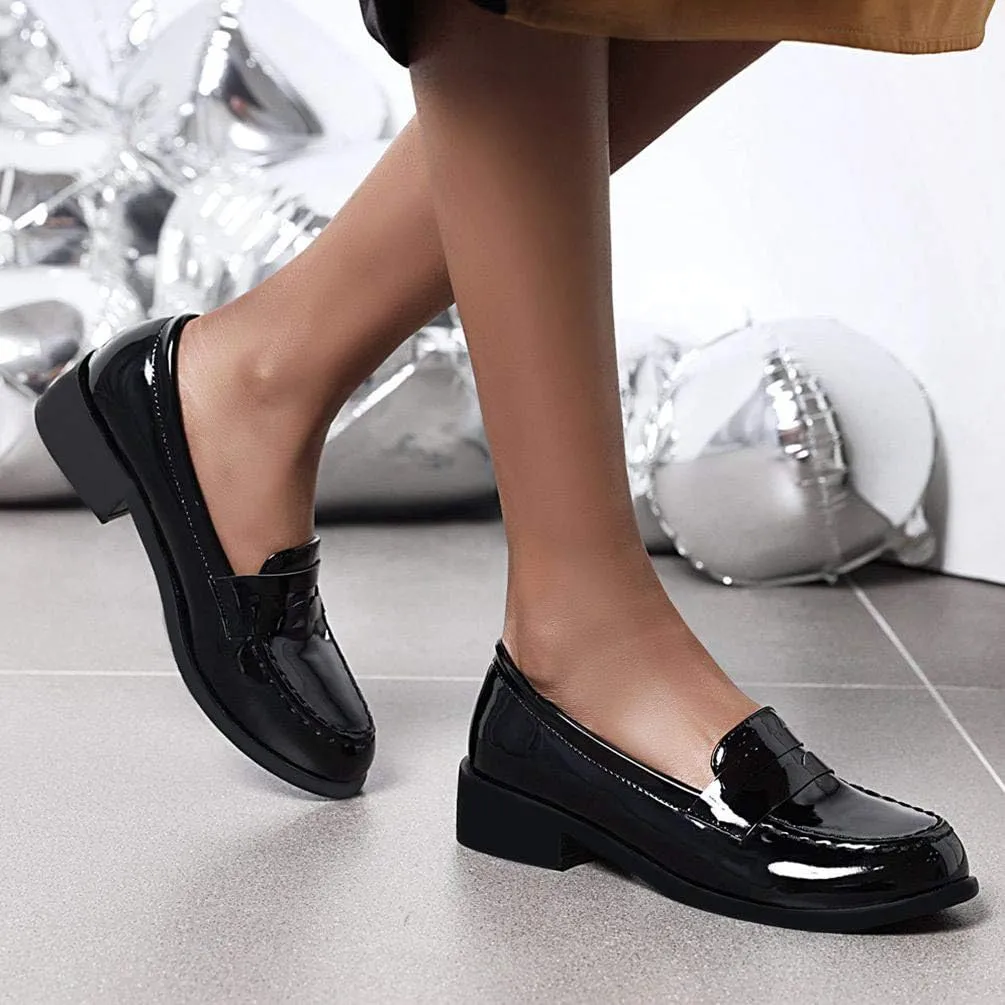 Caradise Women's Patent Leather Loafers Block Heel Slip On Casual Shoes