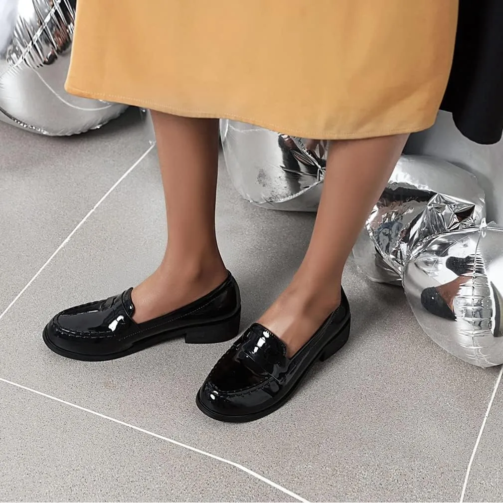 Caradise Women's Patent Leather Loafers Block Heel Slip On Casual Shoes