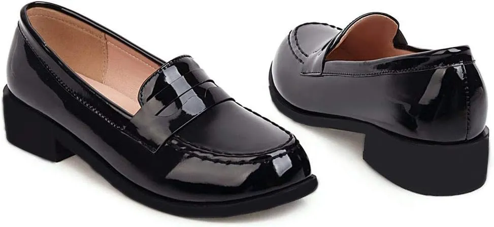 Caradise Women's Patent Leather Loafers Block Heel Slip On Casual Shoes