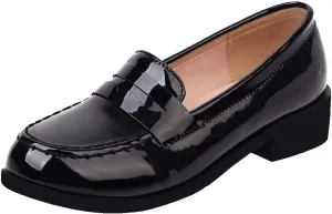 Caradise Women's Patent Leather Loafers Block Heel Slip On Casual Shoes
