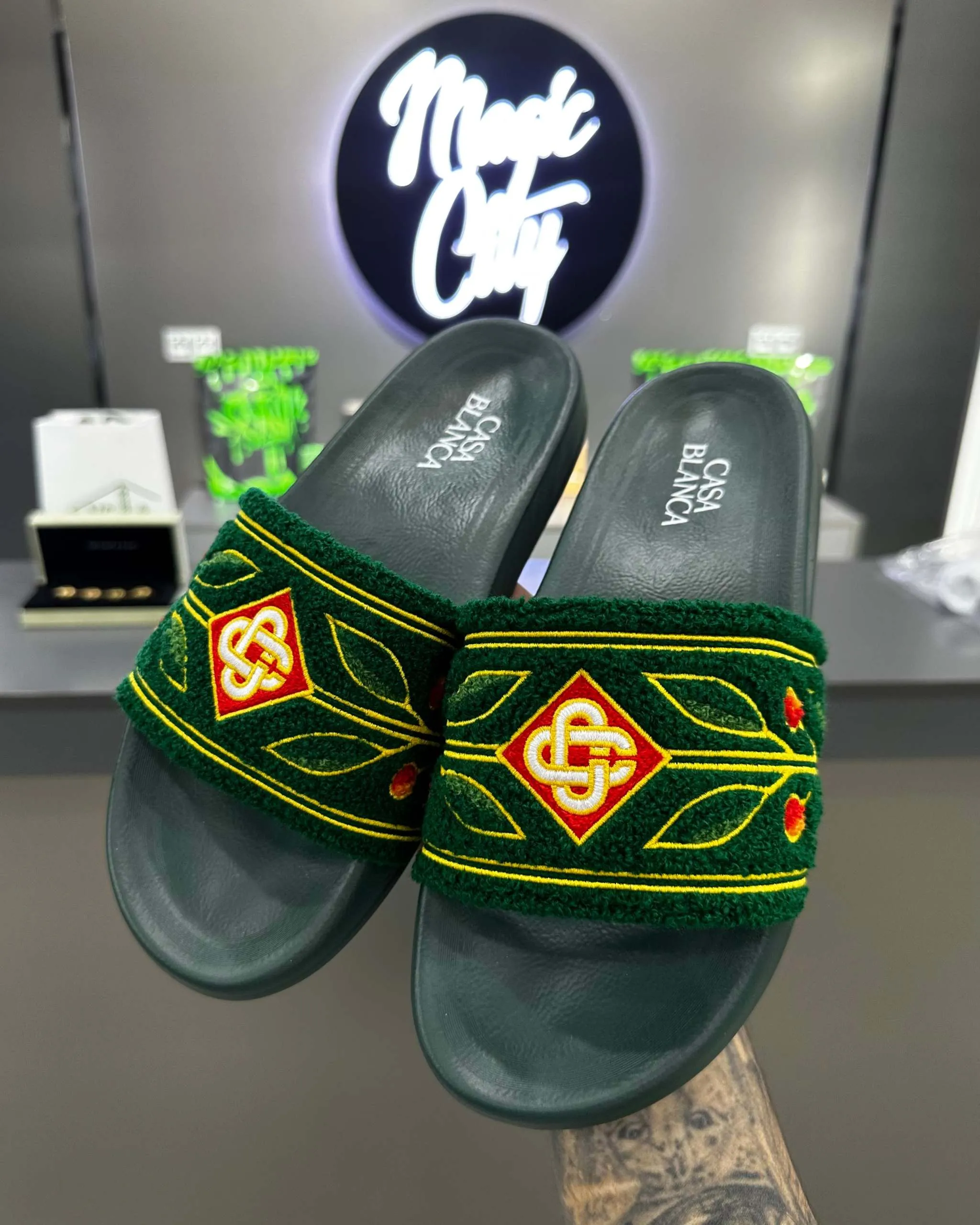 Casablanca Paris Embroidered terry slide Green