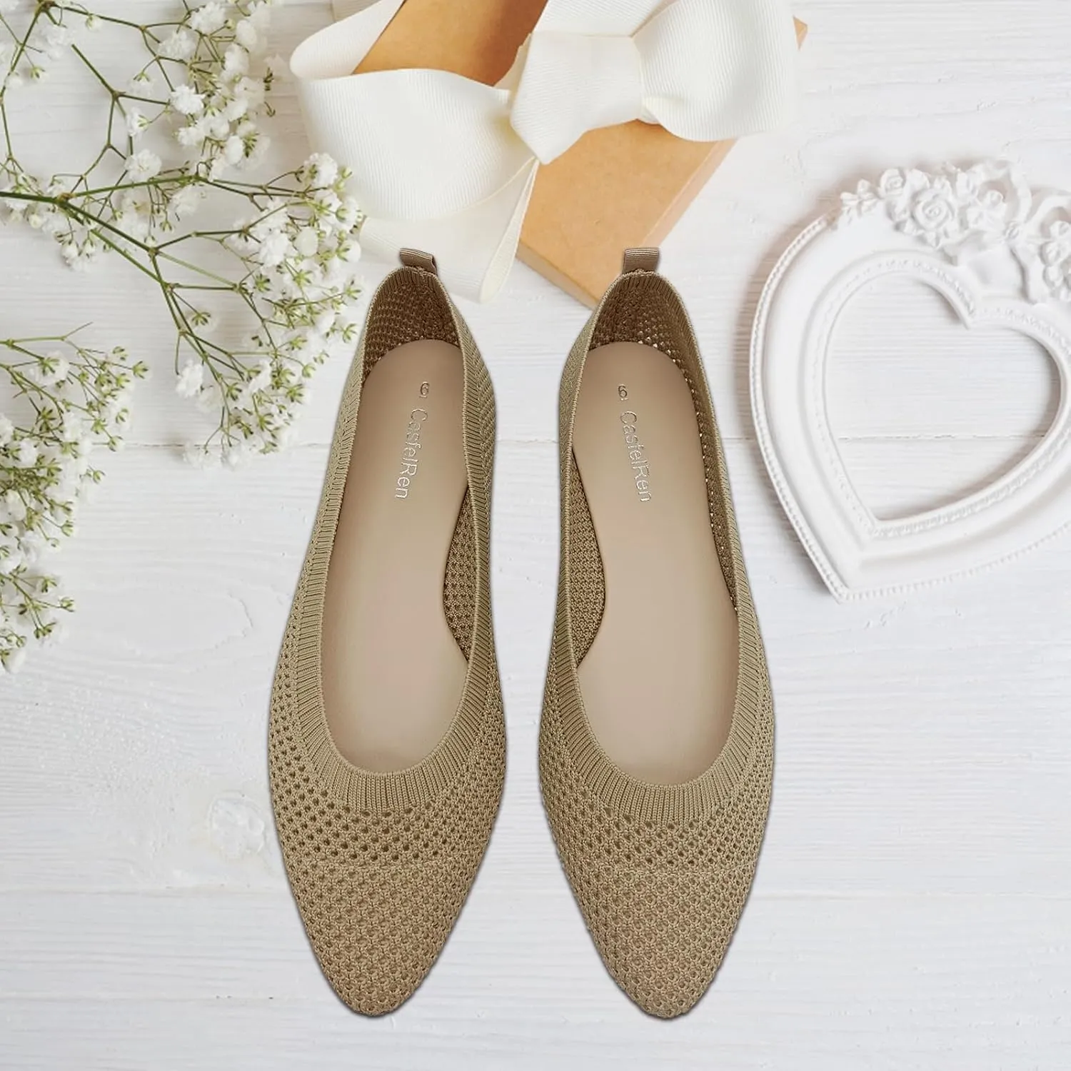 CasfelRen Women's Classic Ballet Flats, Pointed Toe Comfortable Dress Shoes Flats, Soft Knit Slip On Flats Shoes for Women