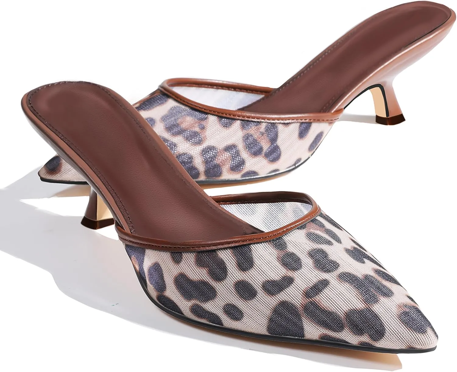 CELNEPHO Kitten Heels Closed Toe Heels for Women Slip On Comfortable Dress Pumps Slide Mesh Pointed Wedding Shoes Casual Office Shoes Leopard Shoes for Women