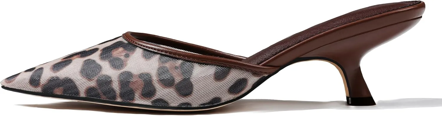 CELNEPHO Kitten Heels Closed Toe Heels for Women Slip On Comfortable Dress Pumps Slide Mesh Pointed Wedding Shoes Casual Office Shoes Leopard Shoes for Women