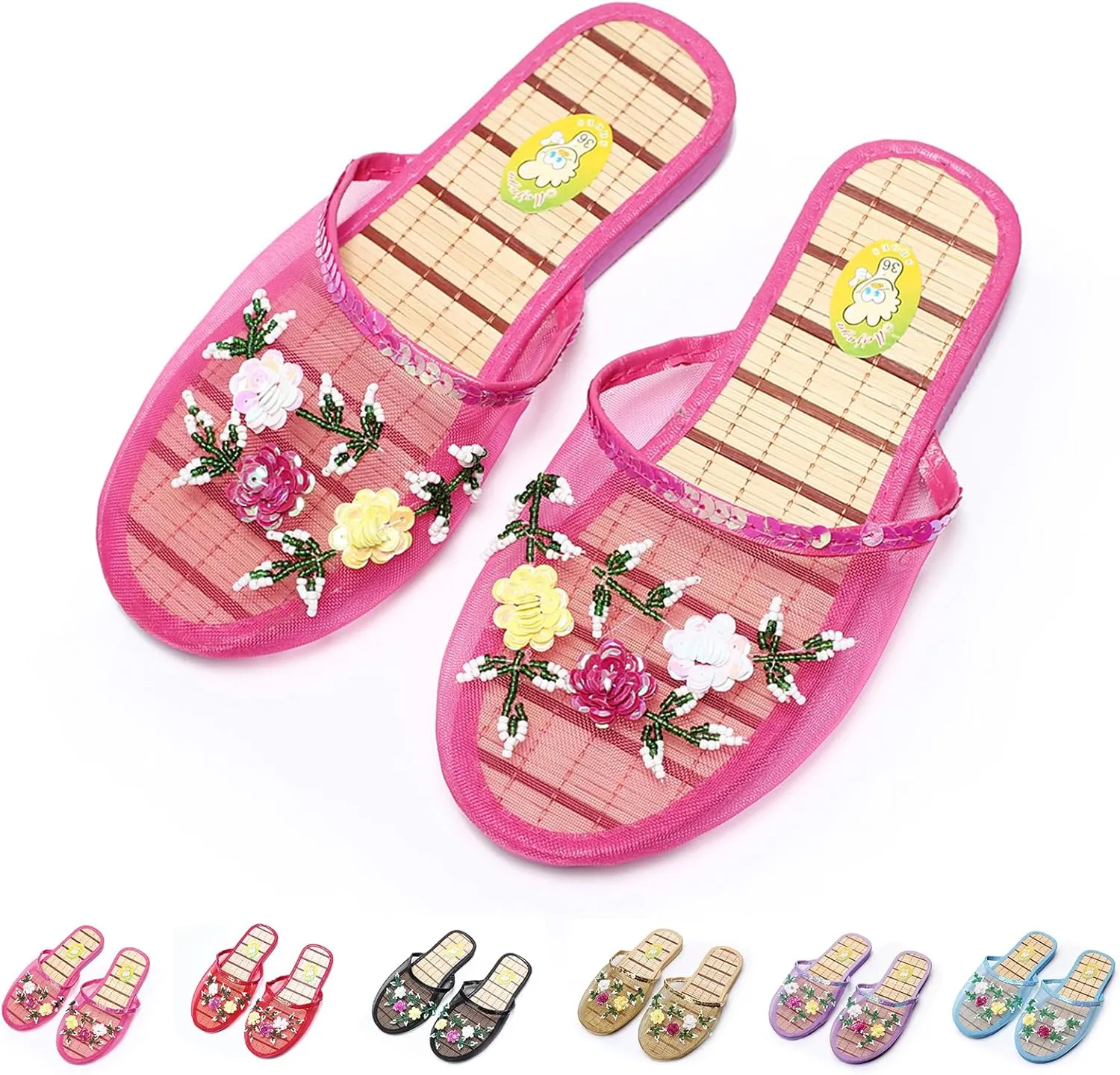 Chinese Slippers for Women, Mesh Bamboo Flats Floral Slippers, Breathable Home Comfort Chinese Style Sandal