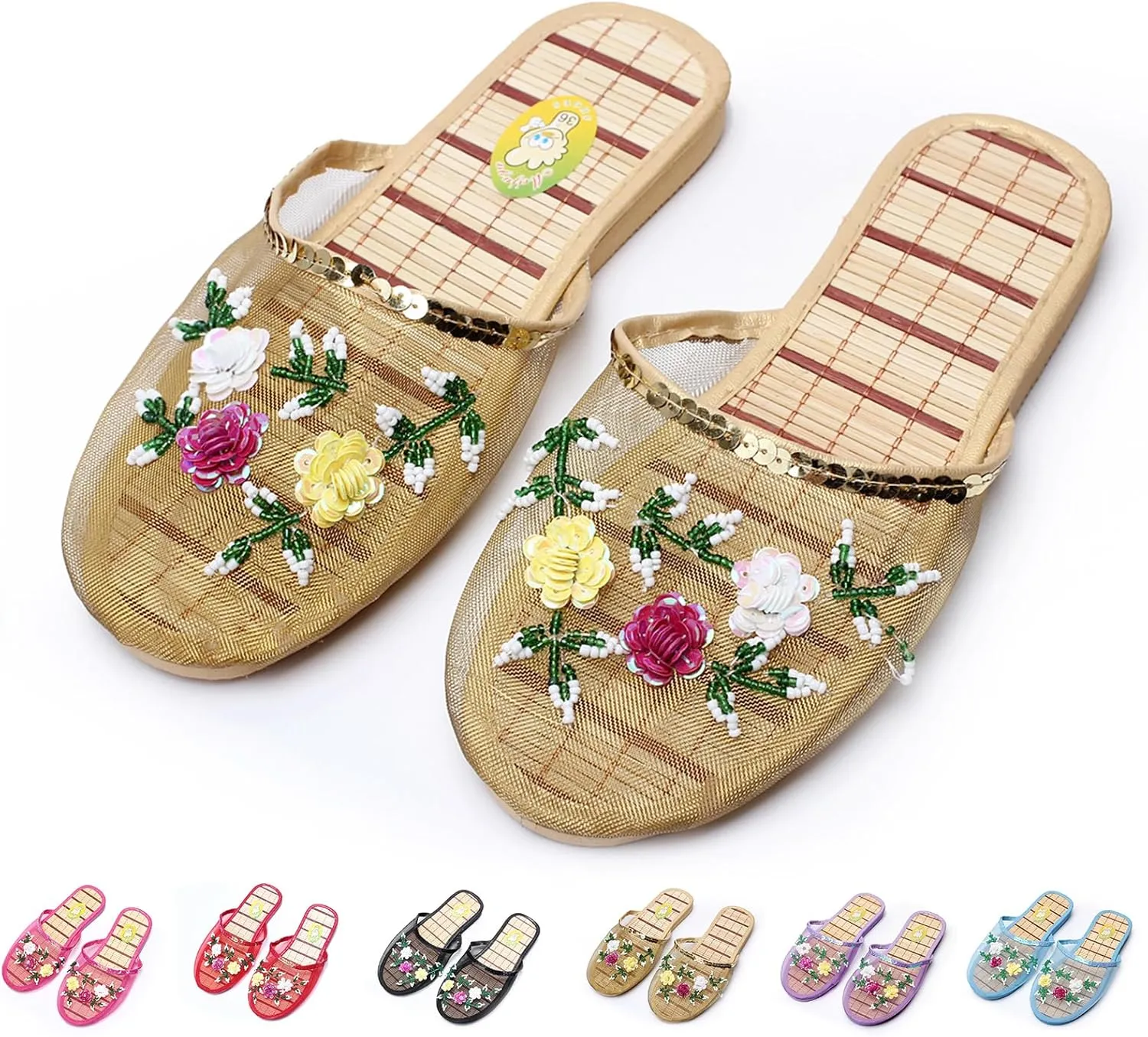 Chinese Slippers for Women, Mesh Bamboo Flats Floral Slippers, Breathable Home Comfort Chinese Style Sandal
