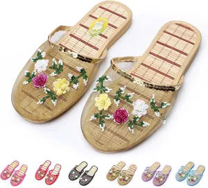 Chinese Slippers for Women, Mesh Bamboo Flats Floral Slippers, Breathable Home Comfort Chinese Style Sandal
