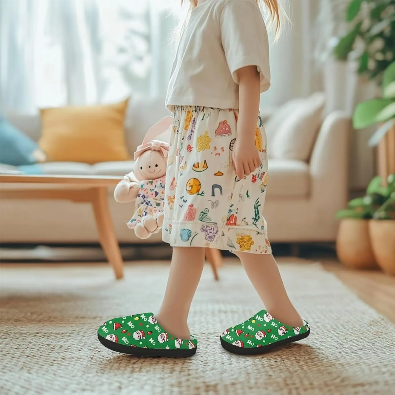 Christmas Kids Fuzzy Warm House Slippers for Girls Non Slip Rubber Sole Home Slippers for Toddlers Size 9-15