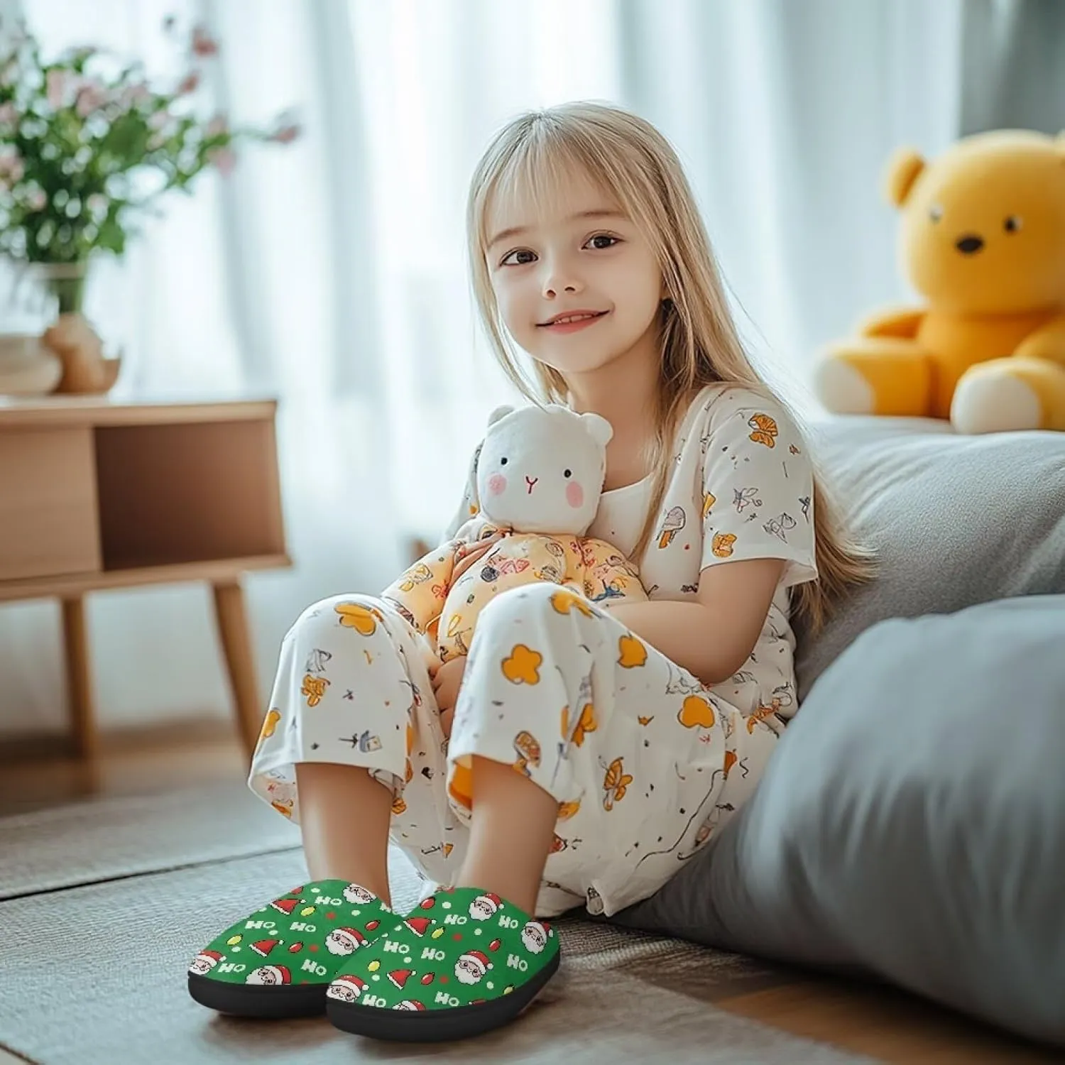 Christmas Kids Fuzzy Warm House Slippers for Girls Non Slip Rubber Sole Home Slippers for Toddlers Size 9-15