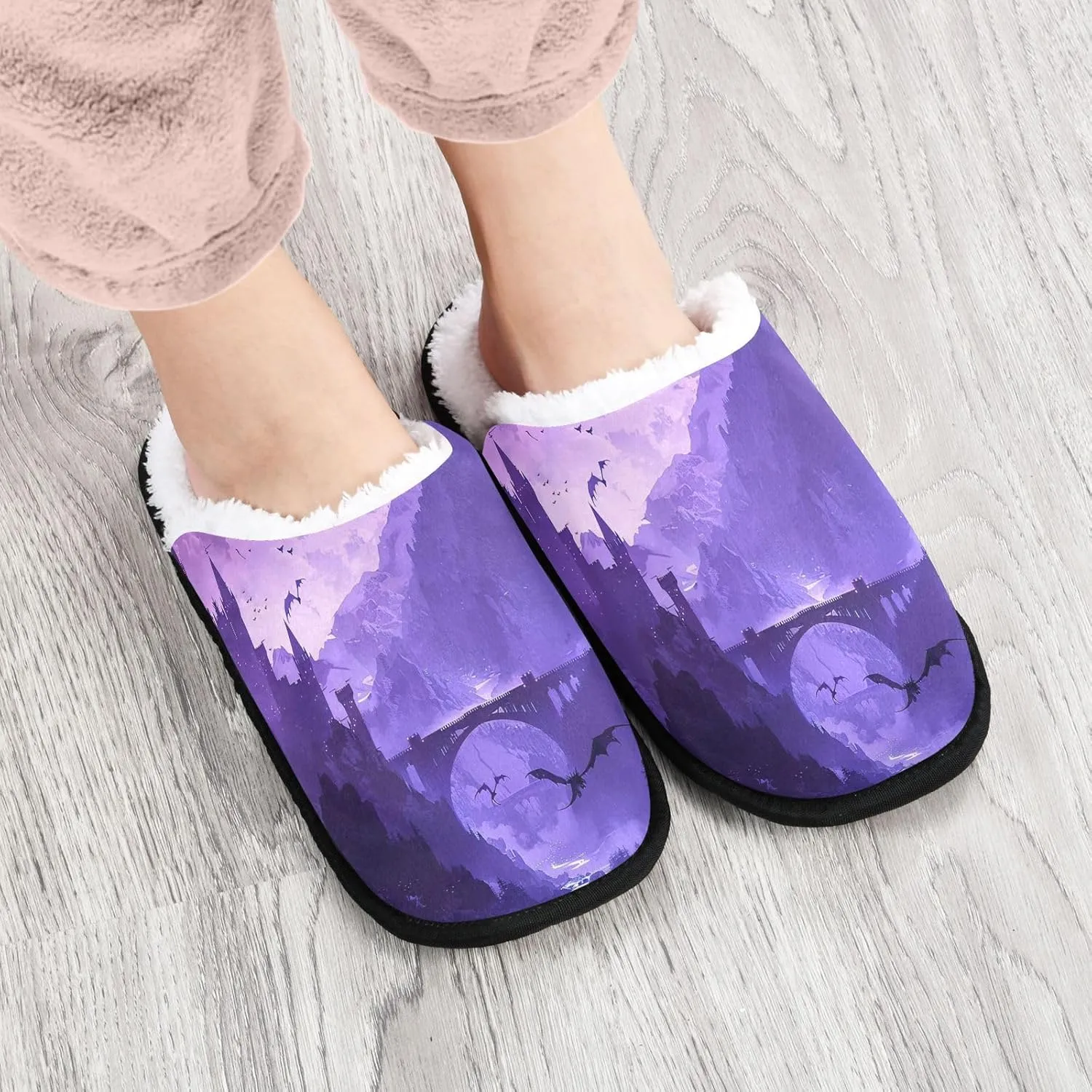 City at Dusk Mens Slip on Slippers, Home Slippers Portable Hospital Slippers with Storage Bag