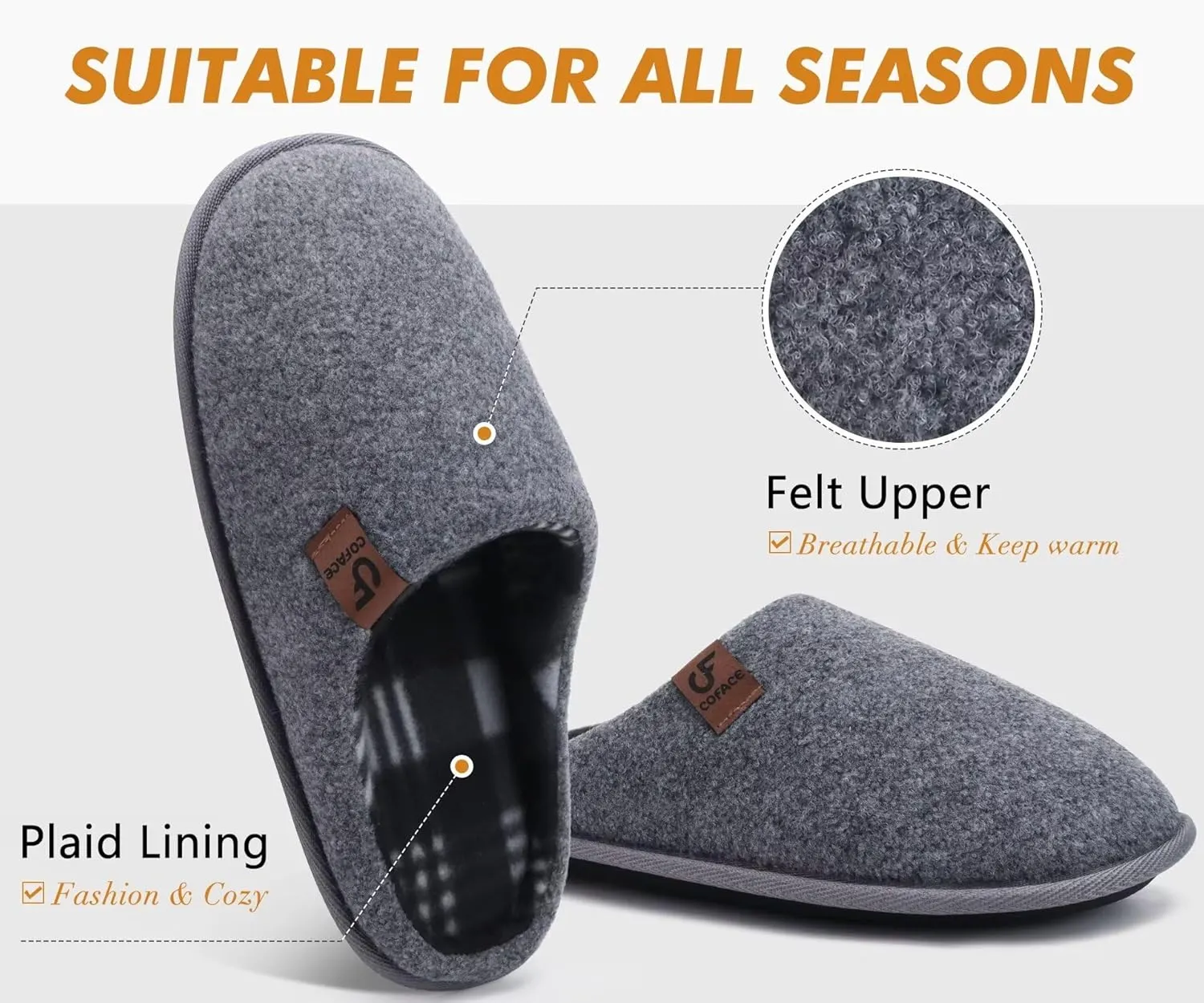 COFACE Unisex Mens Womens Cozy Memory Foam Scuff Slippers Casual Slip On Warm House Shoes Indoor/Outdoor Felt Sandal Slippers With Arch Support Rubber Sole Size 4-15