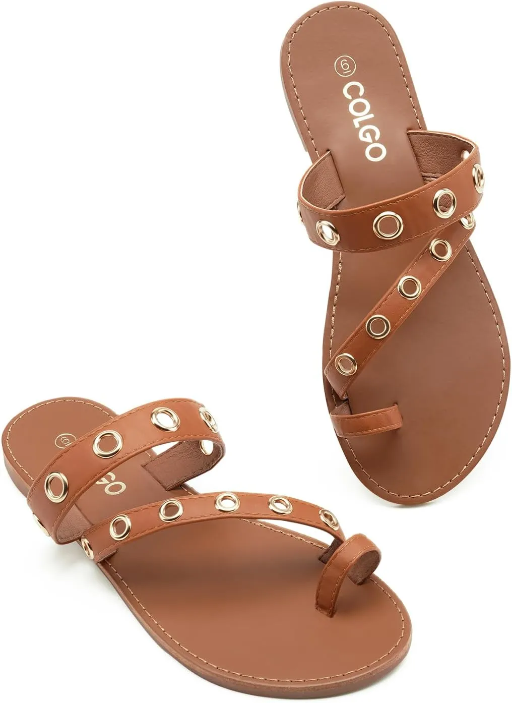 Colgo Women's Slide Sandals, Hollow Buckle Slip-On Flats, Casual Summer Dressy Sandals