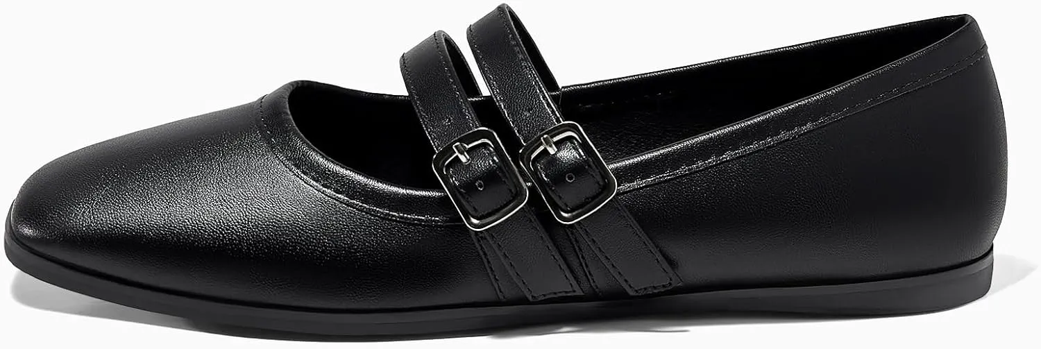 Coutgo Womens Mary Jane Flats Shoes Dressy Comfortable Square Toe Double Strap Soft Work Slip on Ballet Flat
