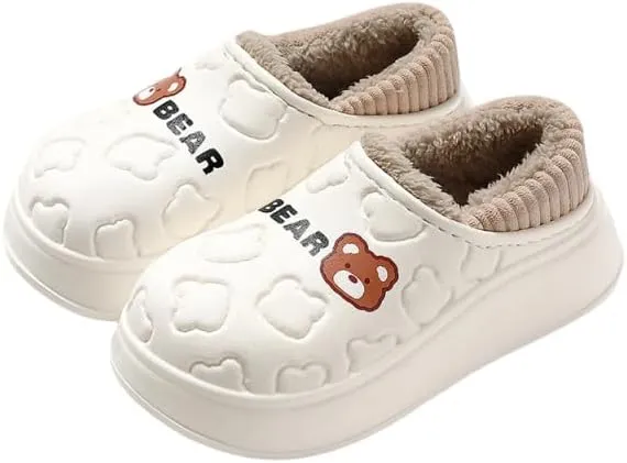 Cozy Cartoon Bear Plush-Lined Slippers for Women - Waterproof, Fashionable Indoor Home Shoes with Soft EVA Sole