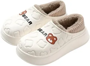 Cozy Cartoon Bear Plush-Lined Slippers for Women - Waterproof, Fashionable Indoor Home Shoes with Soft EVA Sole