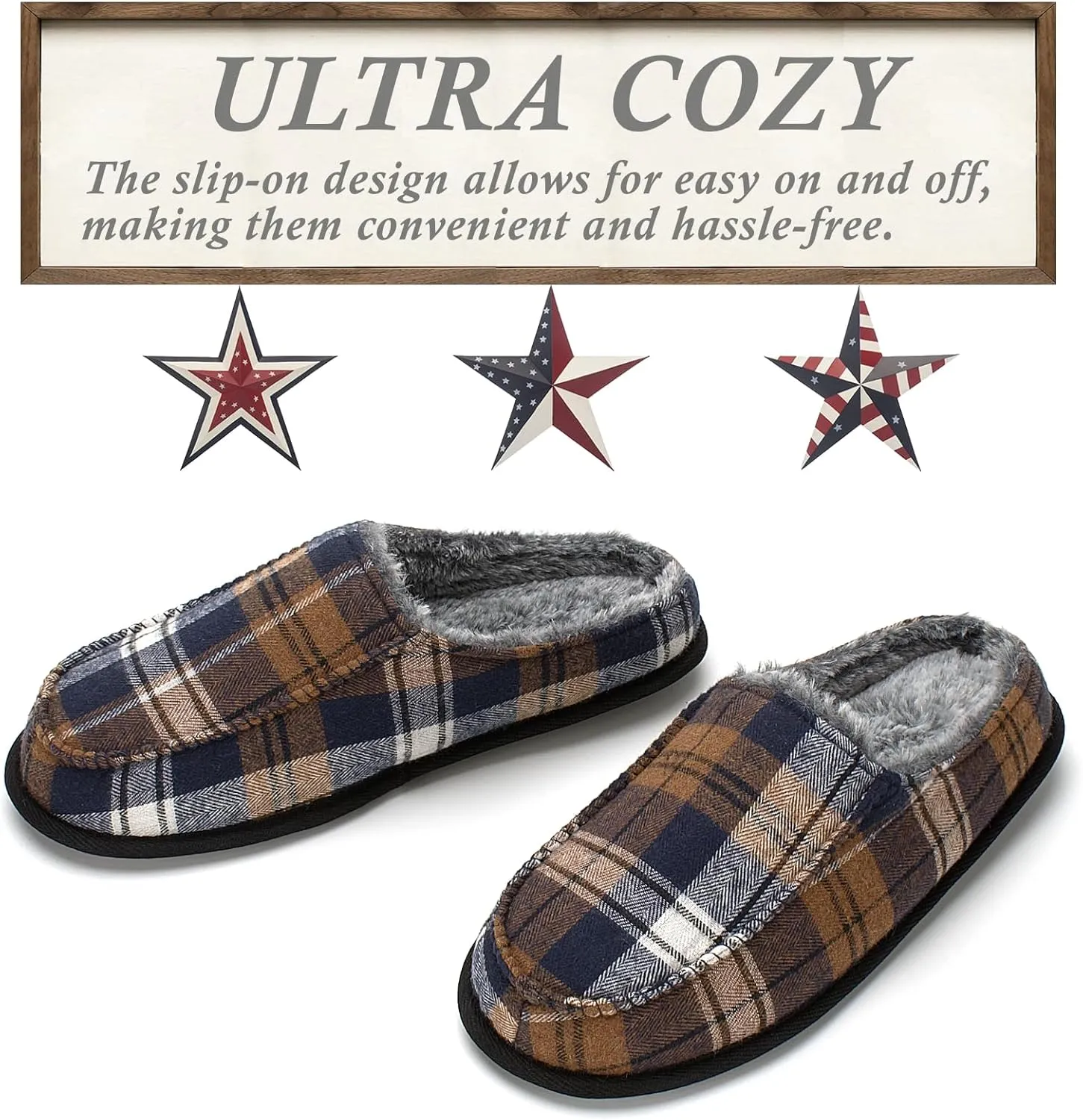 Cozylook Men's Slip-on Slippers, Memory Foam Padded House Moccasins, Non-Slip Sole Indoor/Outdoor, Soft Plush Lining, Cozy Gifts, Sizes 8-15