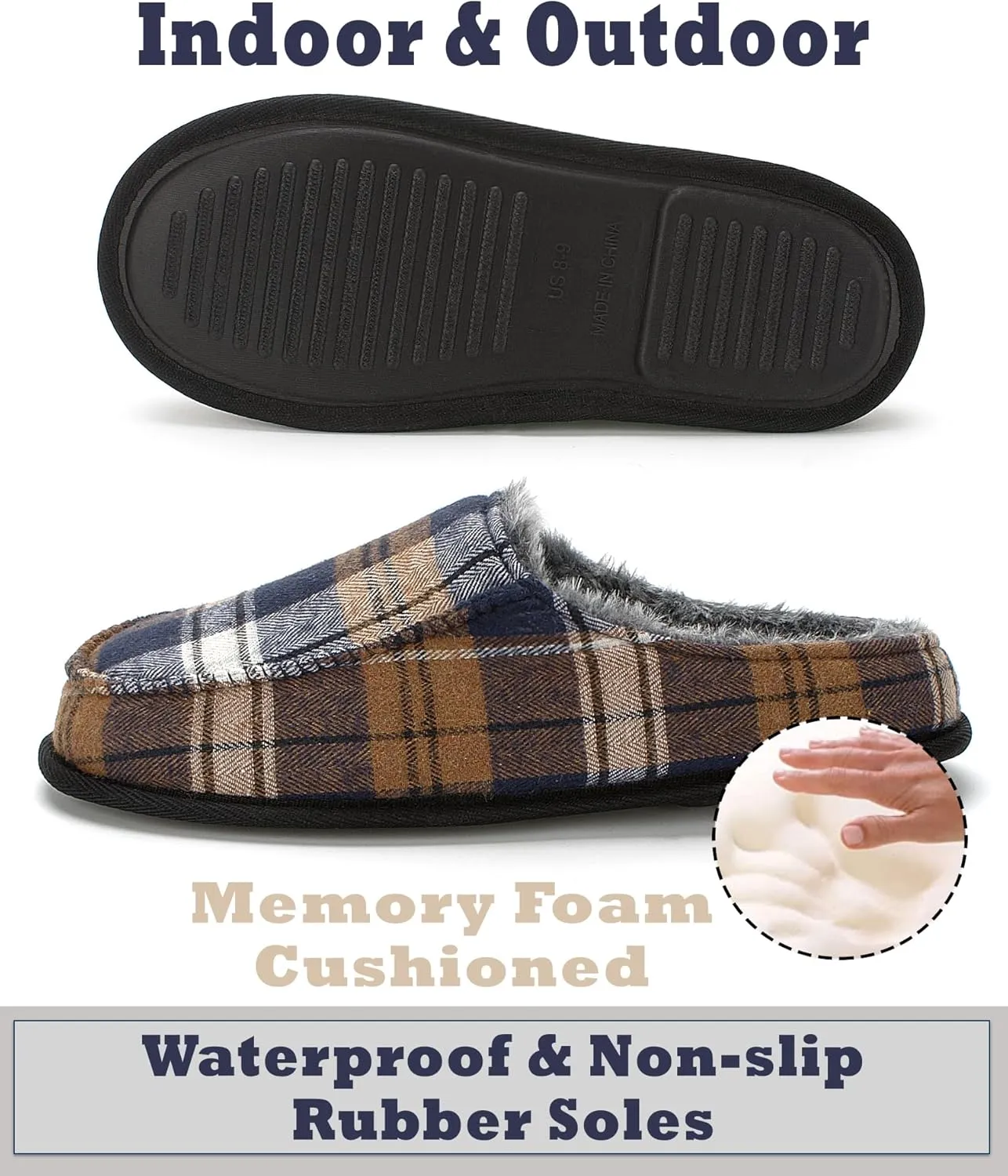 Cozylook Men's Slip-on Slippers, Memory Foam Padded House Moccasins, Non-Slip Sole Indoor/Outdoor, Soft Plush Lining, Cozy Gifts, Sizes 8-15