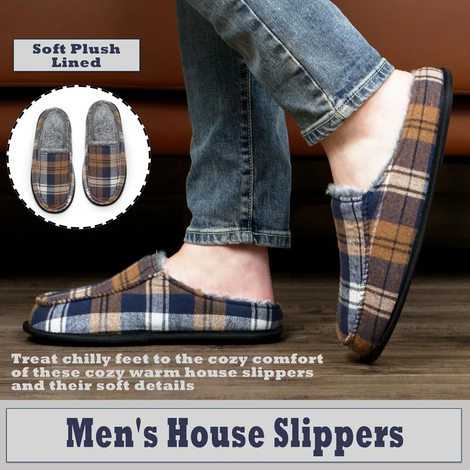 Cozylook Men's Slip-on Slippers, Memory Foam Padded House Moccasins, Non-Slip Sole Indoor/Outdoor, Soft Plush Lining, Cozy Gifts, Sizes 8-15