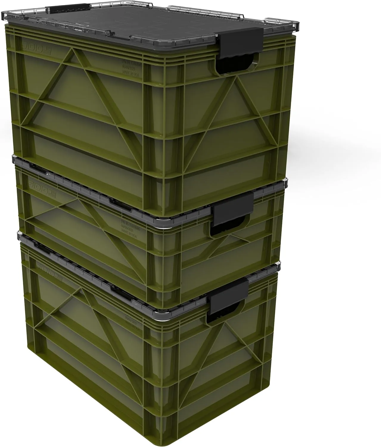 CRATE Starter Pack - Two Full Size and One Half Size SidioCrate, Stackable Outdoor Organizer Storage Bins with Clear Lid and Dividers - Green