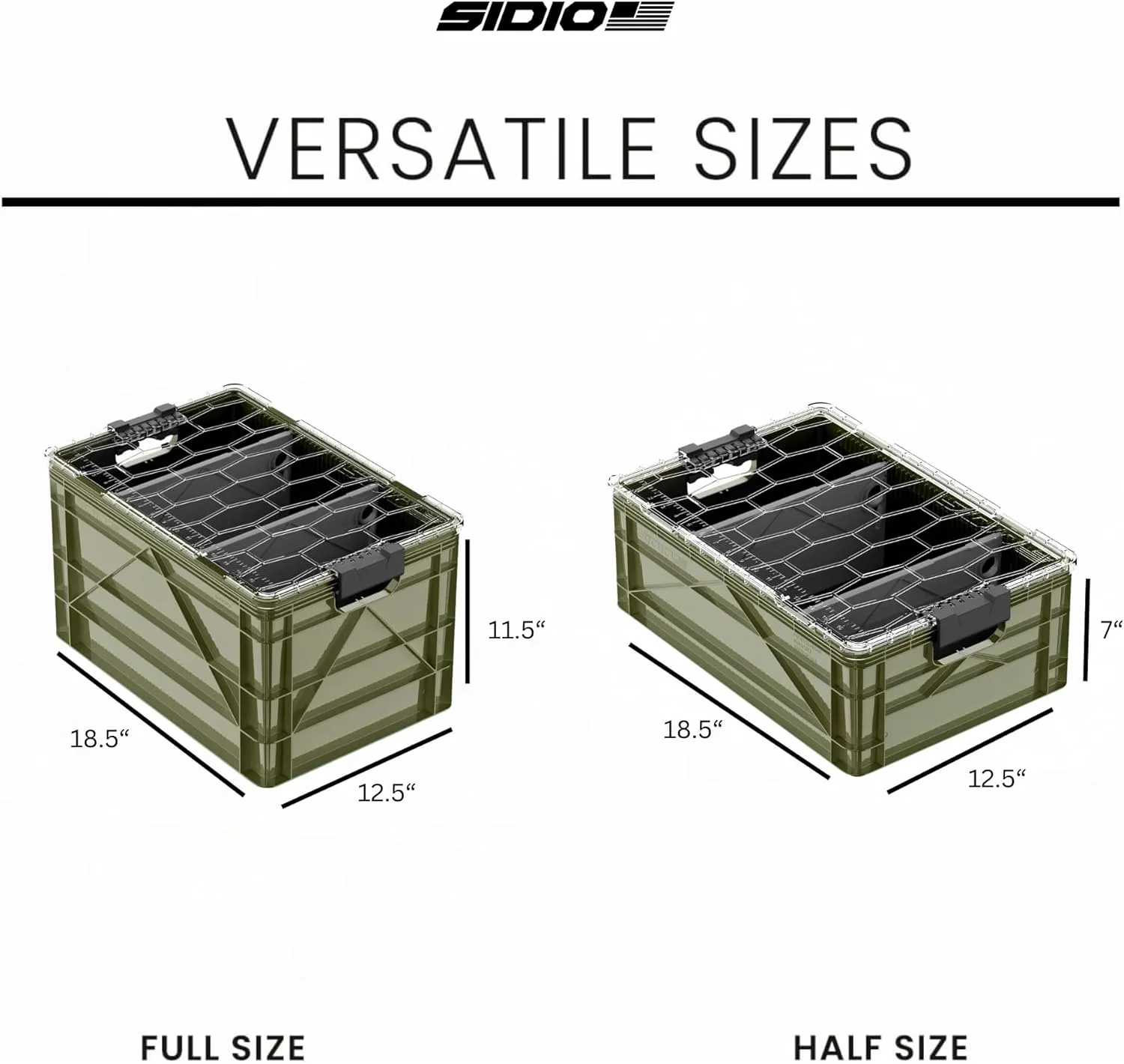 CRATE Starter Pack - Two Full Size and One Half Size SidioCrate, Stackable Outdoor Organizer Storage Bins with Clear Lid and Dividers - Green