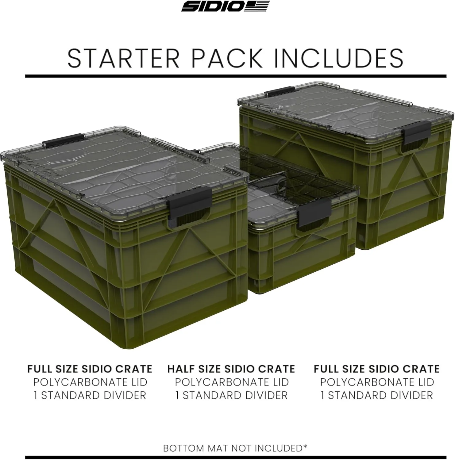 CRATE Starter Pack - Two Full Size and One Half Size SidioCrate, Stackable Outdoor Organizer Storage Bins with Clear Lid and Dividers - Green