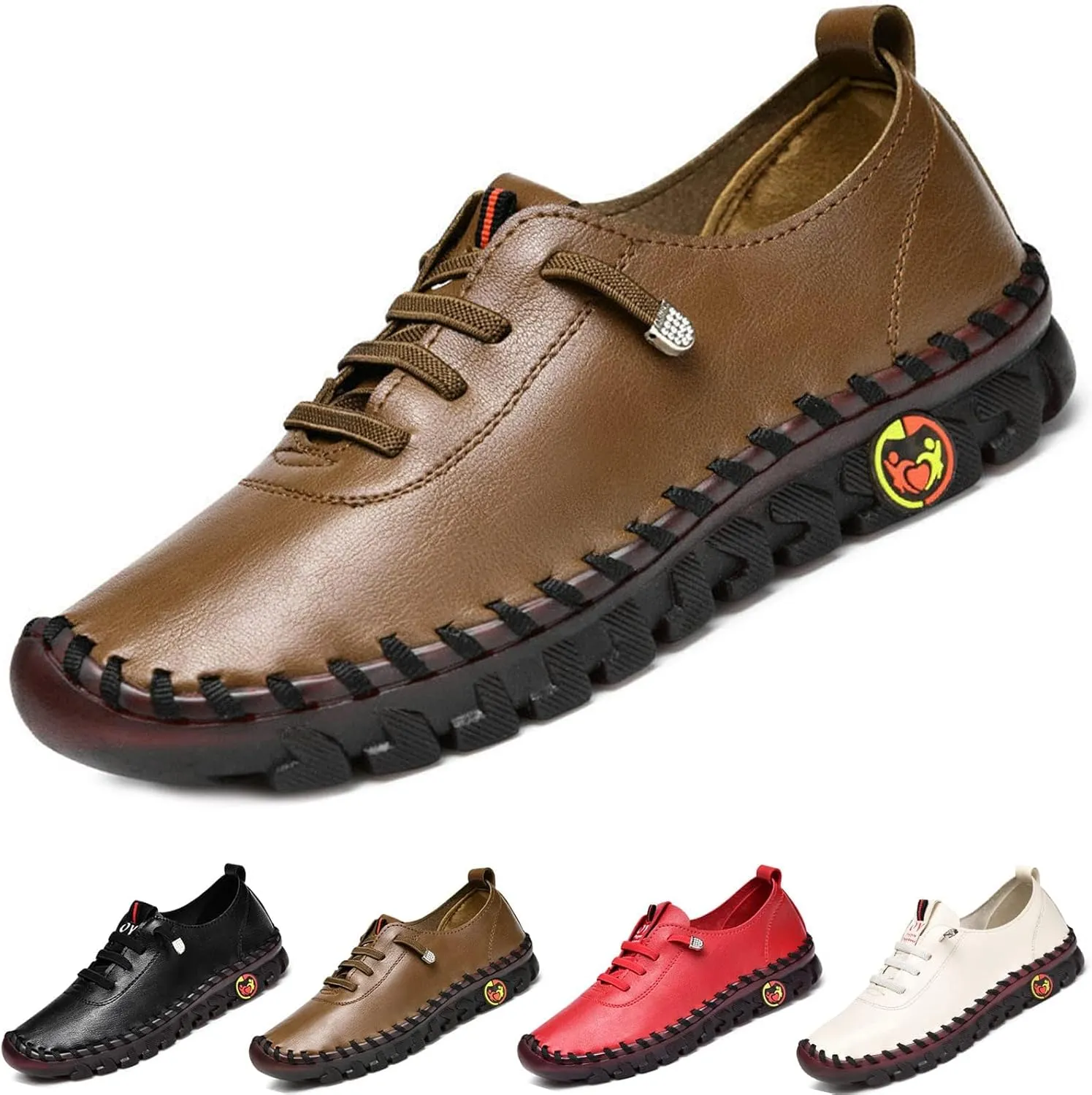 CrazySavage Women's Leather Soft Beef Tendon Flat Bottom Loafers Slip-on Handmade Round Toe Non-Slip Breathable Mom Leisure Walk Shoes