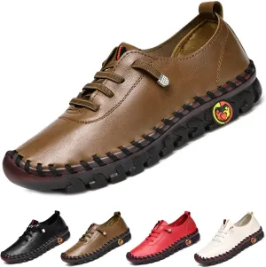 CrazySavage Women's Leather Soft Beef Tendon Flat Bottom Loafers Slip-on Handmade Round Toe Non-Slip Breathable Mom Leisure Walk Shoes
