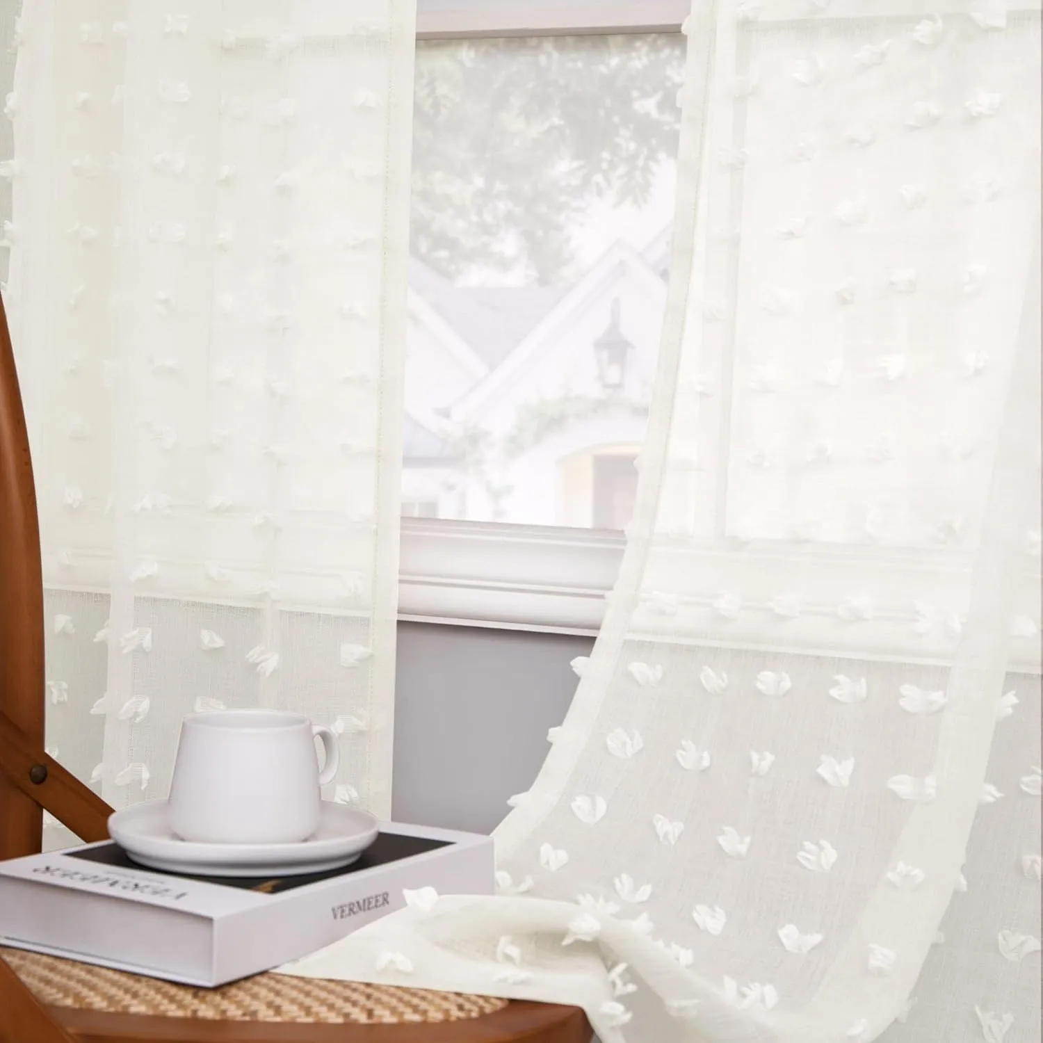 Cream Sheer Curtains for Living Room 84 Inch Length Ivory Pom Pom Boho Sheer Curtains 2 Panels Set Back Tab Country Farmhouse Shabby Chic Semi Sheer Window Drapes for Bedroom Nursery 84 Inches Long