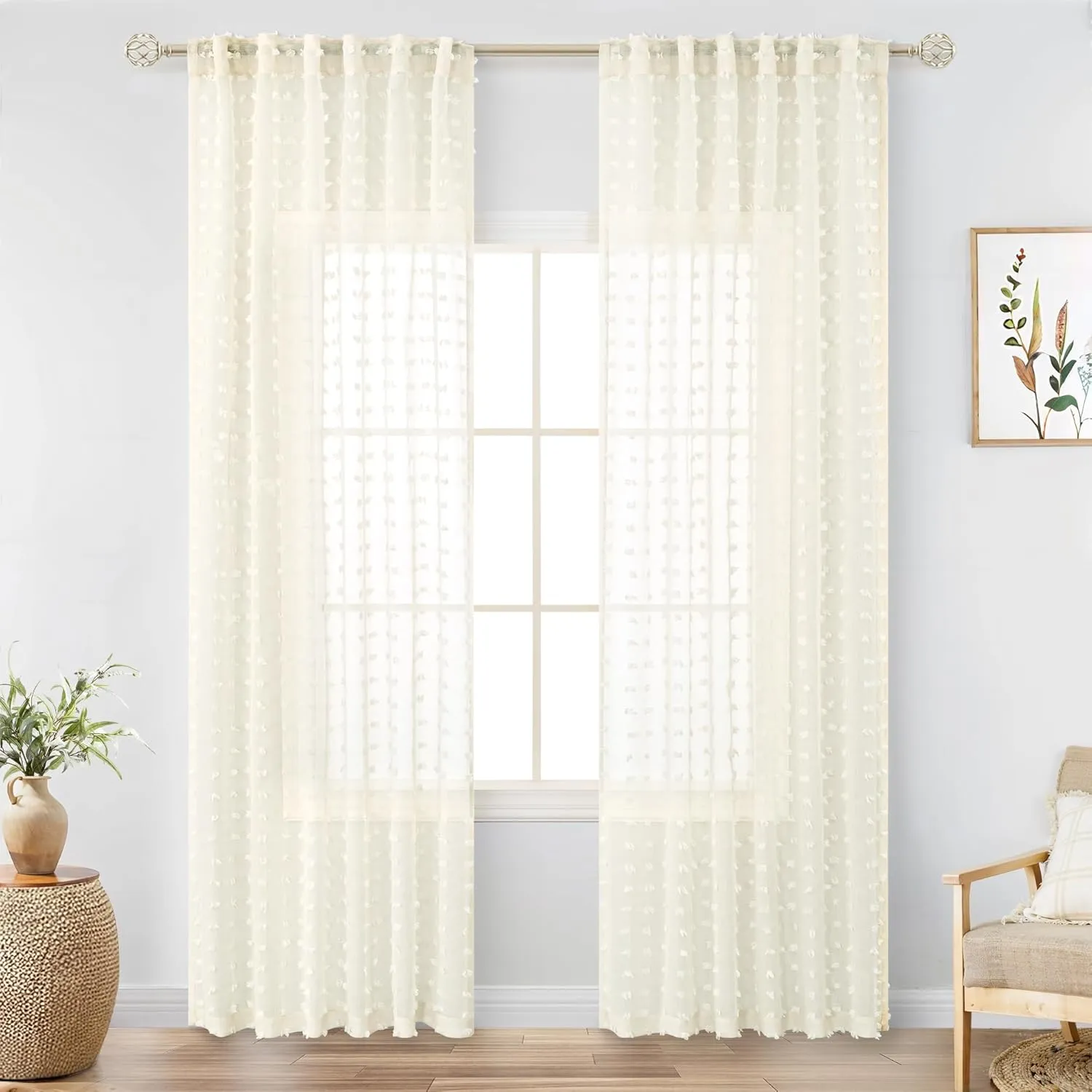 Cream Sheer Curtains for Living Room 84 Inch Length Ivory Pom Pom Boho Sheer Curtains 2 Panels Set Back Tab Country Farmhouse Shabby Chic Semi Sheer Window Drapes for Bedroom Nursery 84 Inches Long